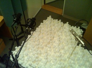 pic of studio re-amping with diffusion and microphones