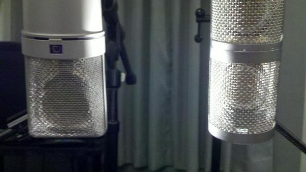 Neumann u87Ai and Studio Projects LSD-2 microphones close view with capsules visible