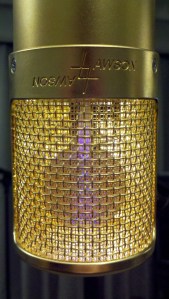 Lawson L47 tube condenser microphone front view with illuminated element