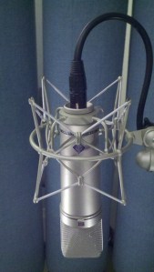 Neumann u87 condenser microphone front view with logo in spider shockmount