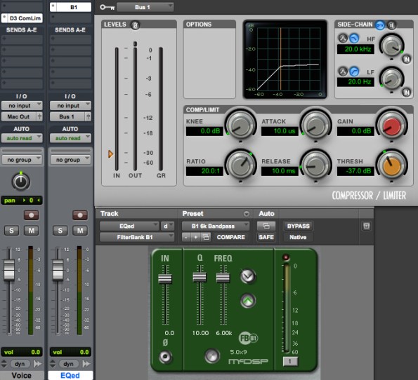 Bandpass filter plus side-chain compressor used to make a DIY de-esser in ProTools