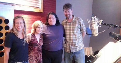Ashley (Kaye) Bravo, Kari Wahlgren, Vickie Saxon, and Randy Coppinger at recording session for Frozen Storybook Deluxe