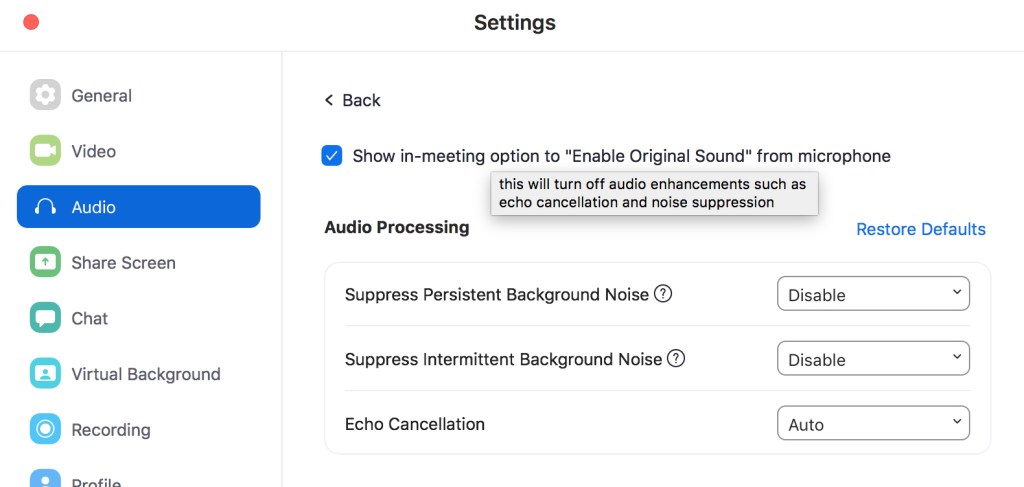 Advanced Audio settings in Zoom